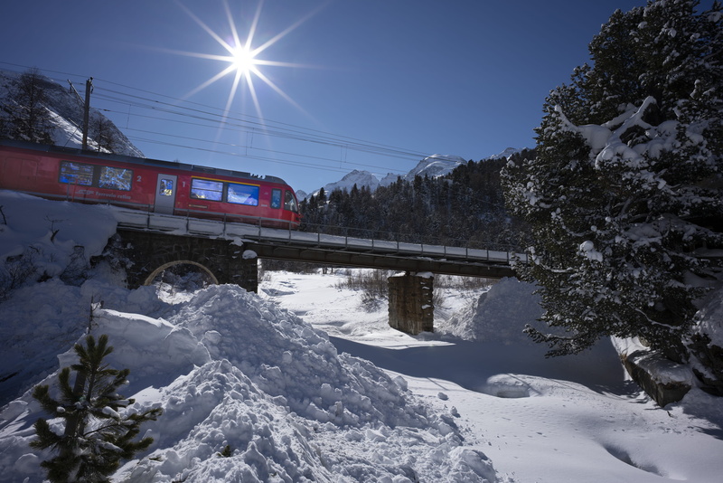 Switzerland, cold temperature, architecture, outdoors, no people, beauty in nature, railroad, built structure, Mountains, Engadin, red, transportation