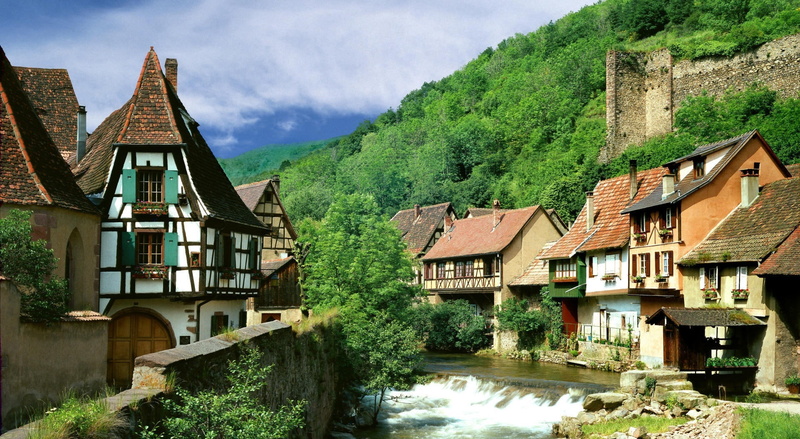 water, France, lot, building, mountain, sky, brick, built structure, cloud - sky, tree, countryside, outdoors, architecture, day, travel, river, kaysersberg