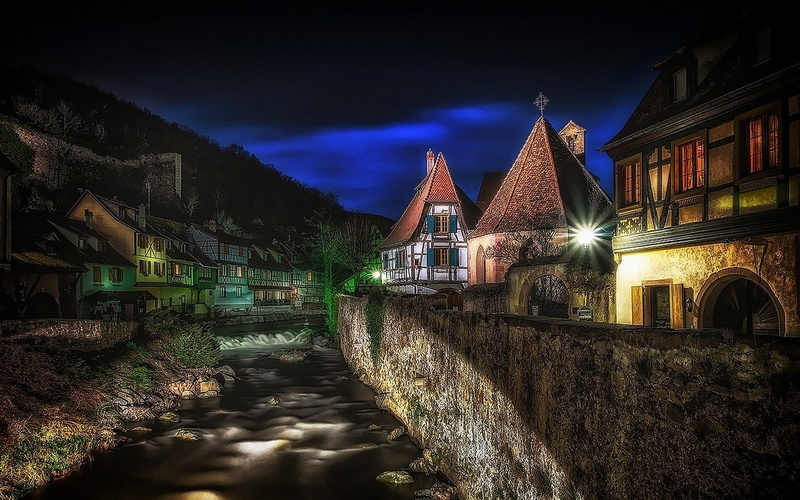 Canal, residential district, Kaysersberg, old, Lights, architecture, house, religion, tree, outdoors, nature, building exterior, night, place of worship