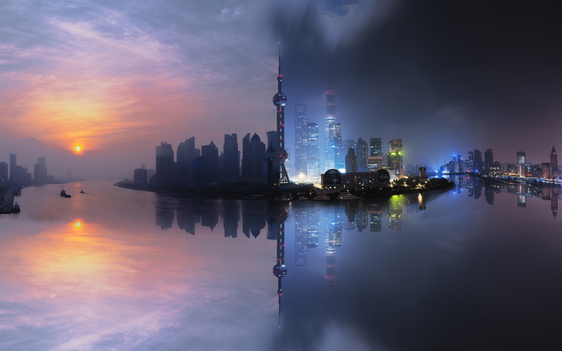 lights, skyscraper, sea, 1080P, tower, Shanghai, clouds, building, city, China, reflection, sunset, cityscape, filter, photo manipulation