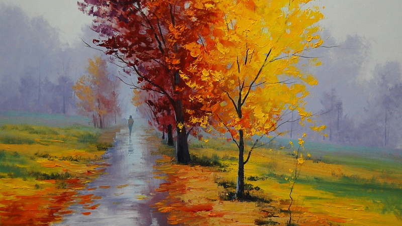 landscape, orange, trees, autumn, alley, 4K, painting, picture, Park