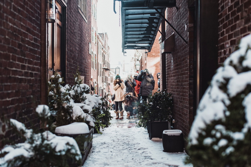 snowing, weather, people, warm clothing, built structure, adult, building, photography, brick, 5K, man, architecture, women, cold, outdoors, street, real people