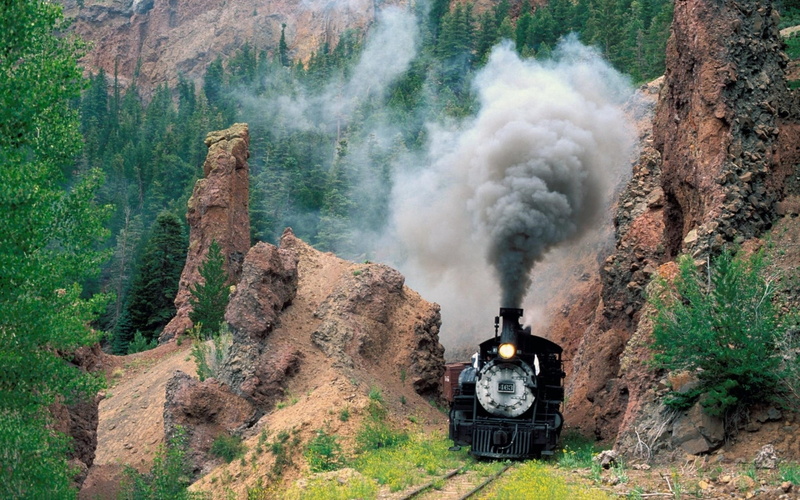 ruined, no people, smoke, transportation, architecture, old, engine, gray, 2K, railroad Track, ancient, building exterior, outdoors, day, travel, red