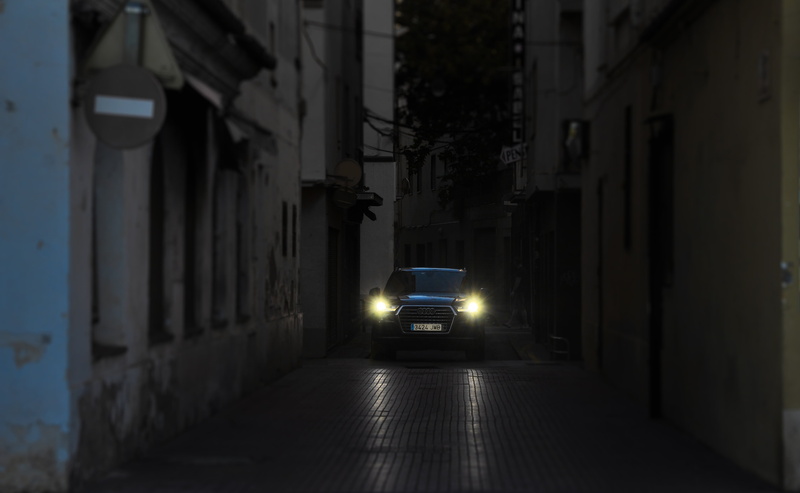 audi car, car, monochrome photography, building exterior, the way forward, eyes, no people, narrow, 4K, outdoors, street, land vehicle, road, built structure