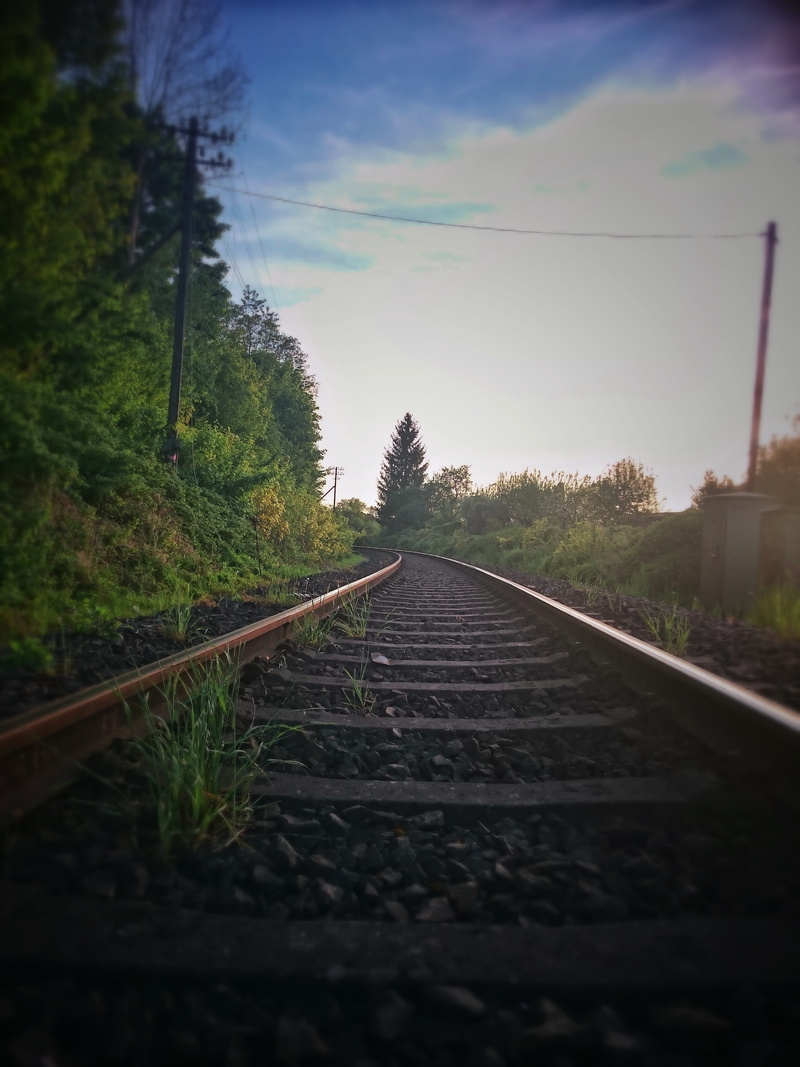 tree, vanishing point, mode of transportation, glow, summer, 5K, transport, seemed, lighting, outdoors, track, Train, no people, long, sky, cloud - sky