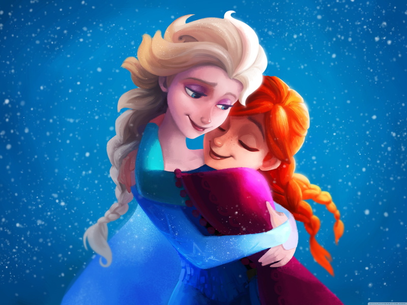Hug, Frozen, illustration, 4K, Elsa, Anna, disney, 4K, Sisters