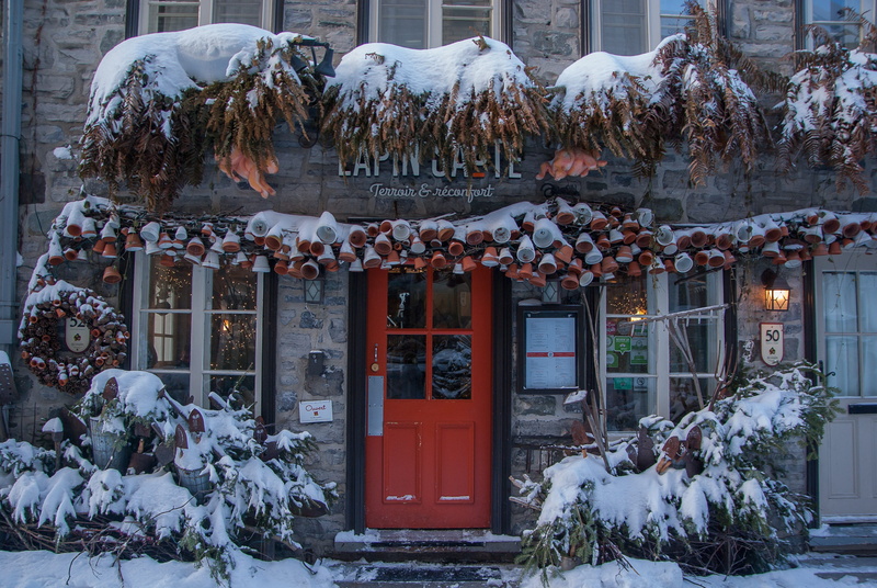 no people, frozen, tree, snow time, old town, building, built structure, decoration, winter, covering, québec, entrance, day, holiday, architecture, snow