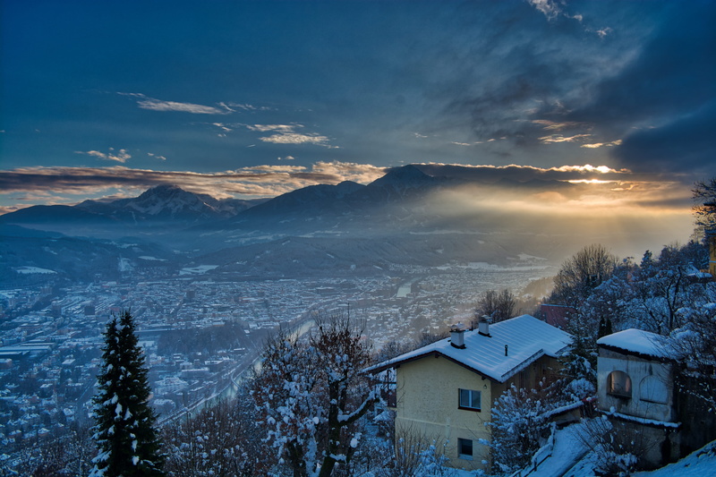 beauty in nature, austria, environment, winter, tree, plant, mountain range, snow, view from hungerburg, sky, cold temperature, built structure, building