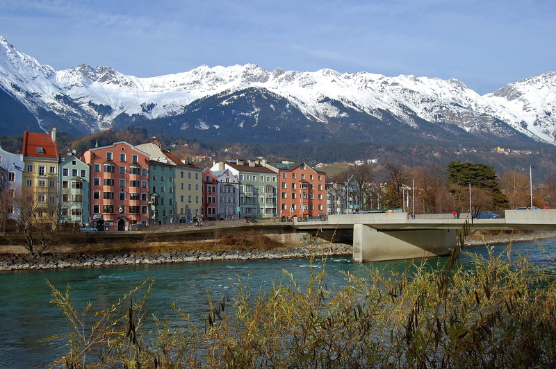 2K, mountain, snowcapped mountain, nature, near, innsbruck, outdoors, river, water, built structure, snow, plant, tree, bridge, cold temperature, architecture