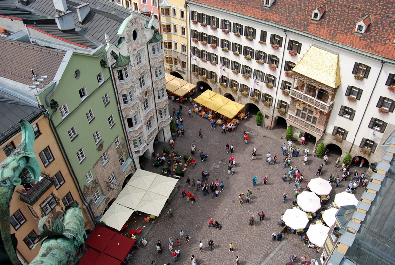 street market, building, innsbruck, piazza, town, street, outdoors, group of people, crowd, building exterior, city, transportation, austria, residential district