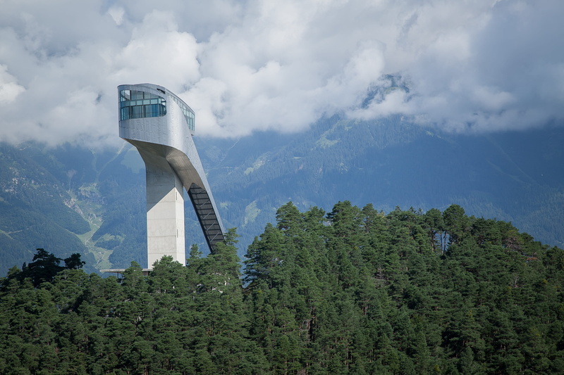 land, transportation, austria, ski, built structure, plant, outdoors, skischprungschanze, alpine, hill, sky, growth, tree, architecture, bergisel, mountains
