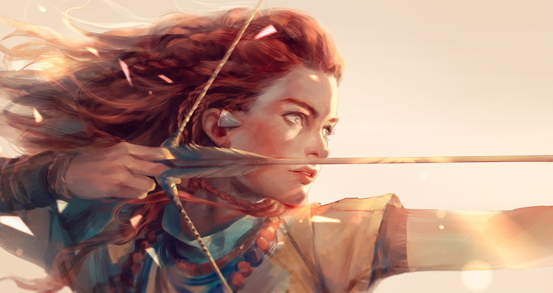 dawn, 1080P, bow, 246801, konachan, braids, wristwear, hair, red, h@ge, horizon-, zero, weapon, aloy, long, (weapon), com