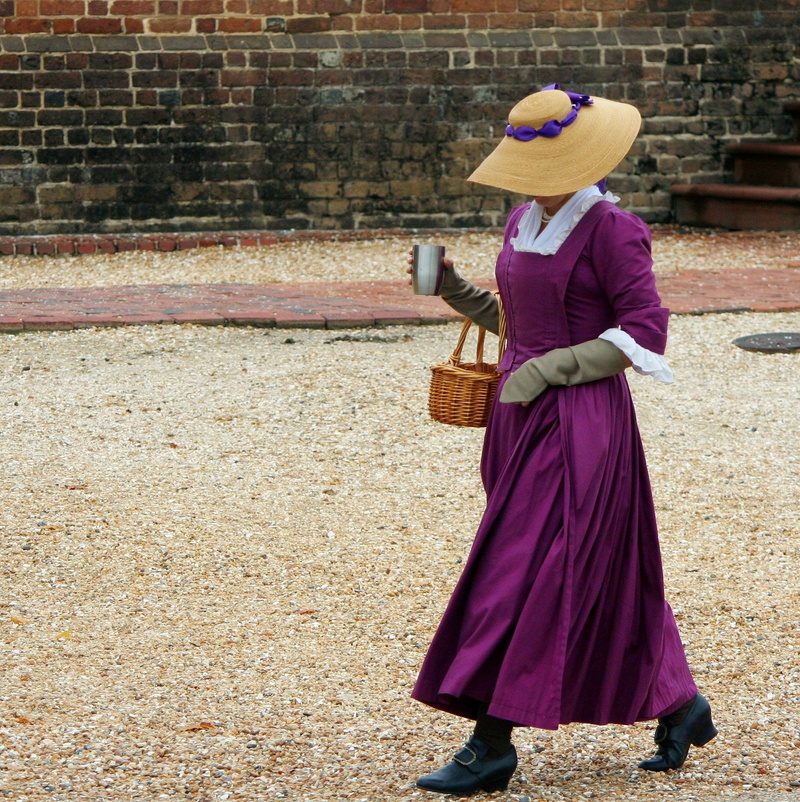 wall, purple, holding, reenactor, real people, women, female clothing, walking, traditional clothing, lifestyles, 1080P, rear view, outdoors, leisure activity