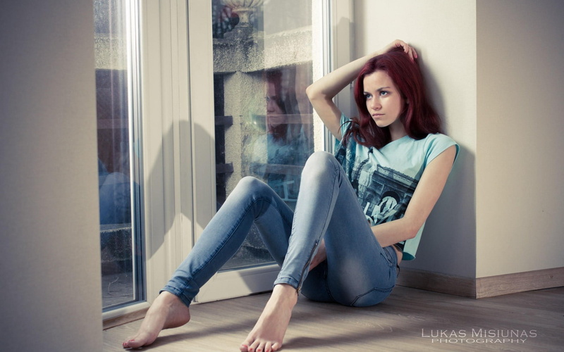 flooring, brown Hair, indoors, house, hands on head, beauty, lifestyles, cute, pensive, s, thinking, redhead, one Woman Only, happiness, relaxation, hair