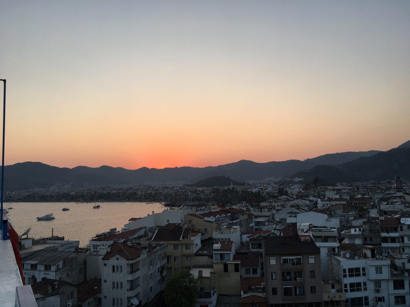 sunset, bay, outdoors, beauty in nature, community, view, orange color, mountain, built structure, copy space, building exterior, 4K, marmaris, residential district