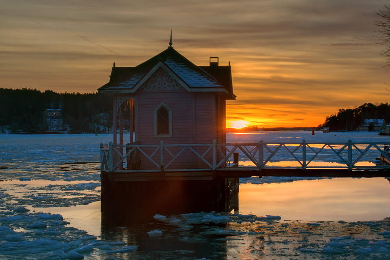 beauty in nature, cold temperature, building, scenics - nature, cold, finnish, architecture, built structure, water, sunset, cloud - sky, uimamaja, outdoors