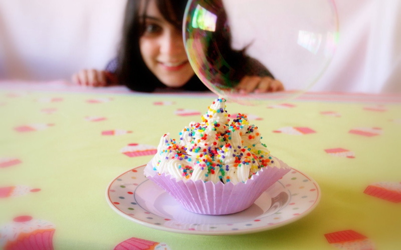 sweet, cream, 720P, soap bubble, girl, smile, fruitcake, dessert