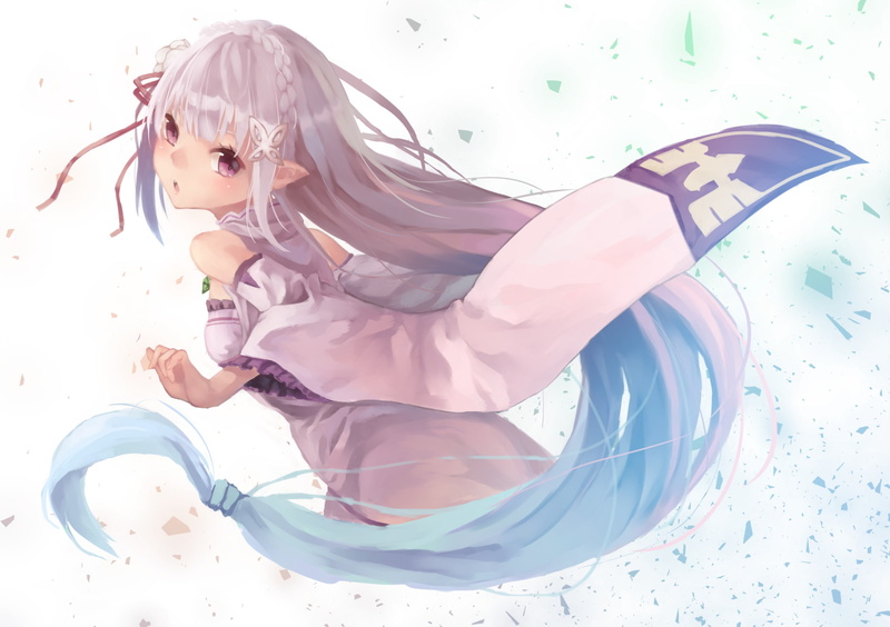720P, pink eyes, long hair, Re:Zero Kara Hajimeru Isekai Seikatsu, ribbon, silver hair, dress, flowers, white  background, braids, Emilia, pointed ears