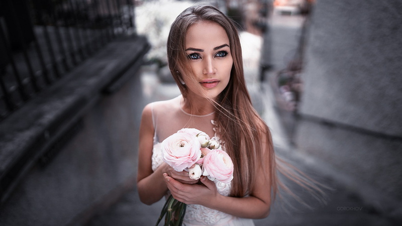 Mary Jane, 1080P, smirk, juicy lips, depth of field, Maria Puchnina, dress, long hair, face, Ivan Gorokhov, women, hazel eyes, brunette, flowers, wedding dress