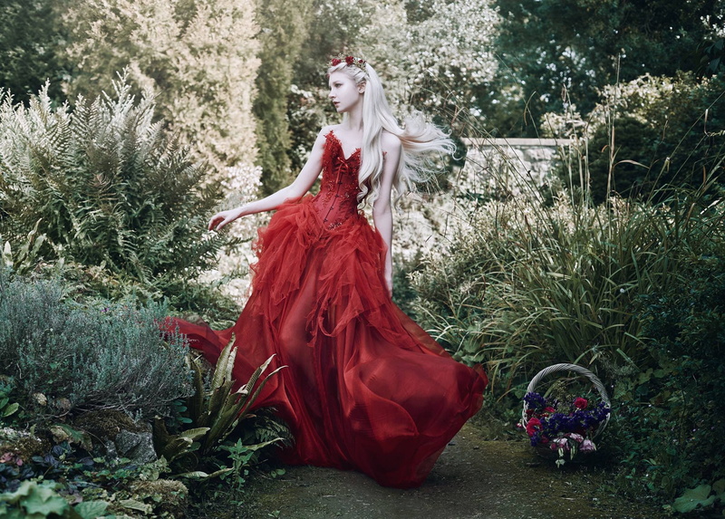 1080P, Maria Amanda, girl, pose, Mary Amanda Lindqvist Thomassen, Bella Kotak, a basket of flowers, style, Princess, long hair, garden, red dress, mood