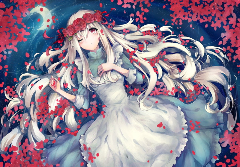 kozakura, rose, project, long, mary, eyes, moon, flowers, water, red, dress, 720P, teka, kagerou, tears, petals, white, hair