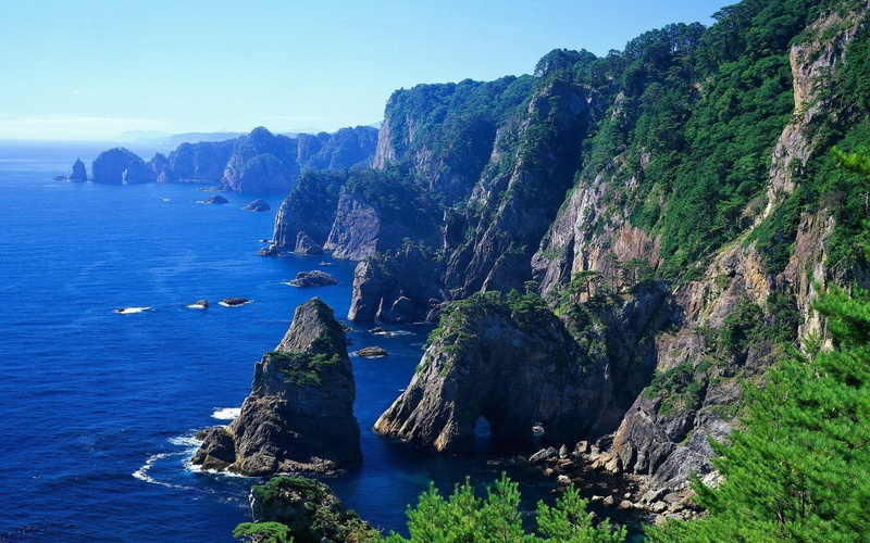 green, beside, ocean, trees, cliff, water, coast, sky, daytime, shore, sea, grass, 1080P, body, desktop, rocks, landscape, mountains, landscapes, images