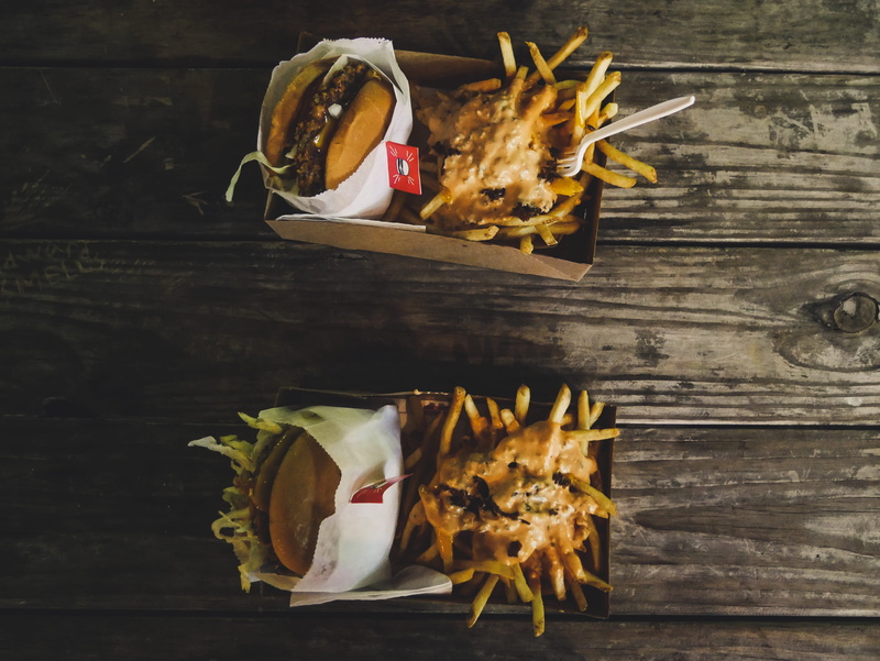 platter, no people, indoors, flower, 4K, high angle view, plant part, leaves, freshness, fragility, meat, wood - material, table, still life, fries, burger