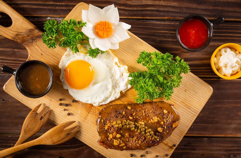 1080P, Breakfast, sauces, flower, egg, steak, greens, Board, meat, wooden forks