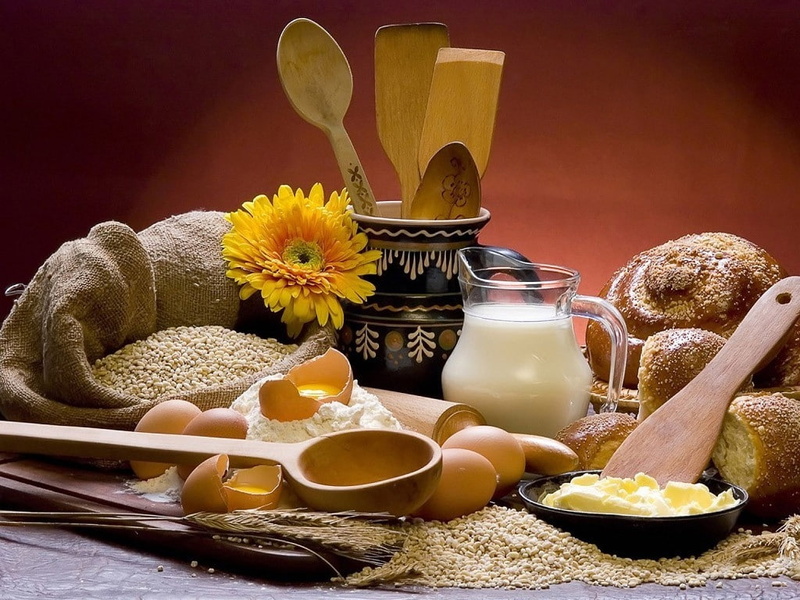 480P, milk, art, nature, x, butter, spoons, eggs, breakfast, food, hd, Flowers, bread, wheat