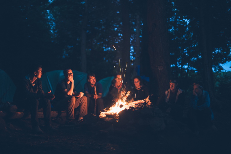 fire - natural phenomenon, trees, people, group of people, camping, outdoors, sitting, men, tree, dark, girls, burning, cold, women, adults only, bonfire