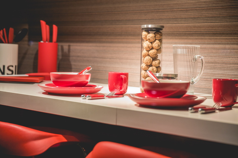 cups, kitchen utensil, glass, place setting, 5K, knife, indoors, cup, wood, eating utensil, furniture, spoons, countertop, bowls, stools, business, meal