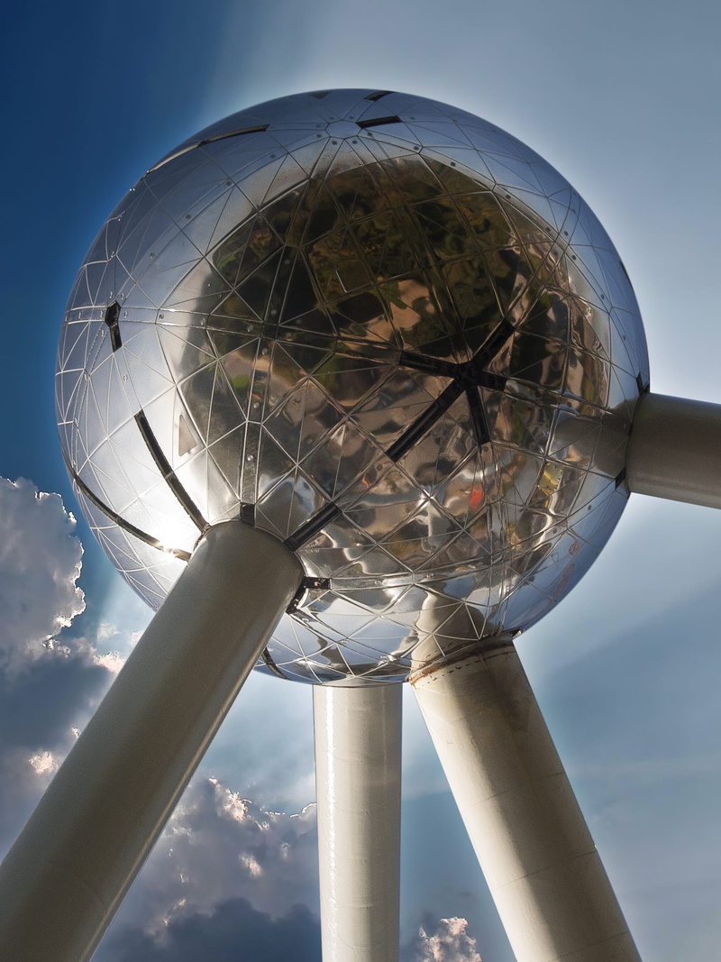 atomic, Atomium, 1080P, technology, city, sunlight, metal, Belgium, architecture, day, architectural column, Expo 58, design, Expo, building exterior
