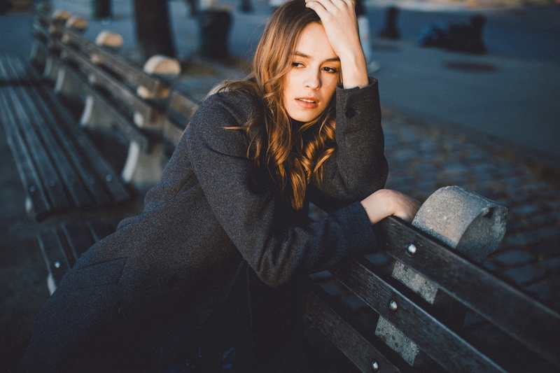 clothing, contemplation, young adult, women, women outdoors, portrait, Caitlin Nusche, hair, bench, brown hair, winter, SamAlive, black coat, young women