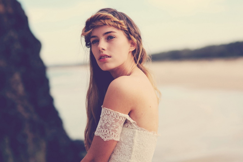 women outdoors, open mouth, face, white dress, looking away, bare shoulders, Anthea Page, long hair, rock, nature, model, 720P, women, brunette