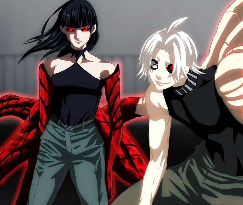 Kurona Yasuhisa, Seidou Takizawa, Kagune (Tokyo Ghoul), Tokyo Ghoul, Red Eyes, Heterochromia, White Hair, Anime, Belt, Tokyo Ghoul:re, Black Hair, Smile
