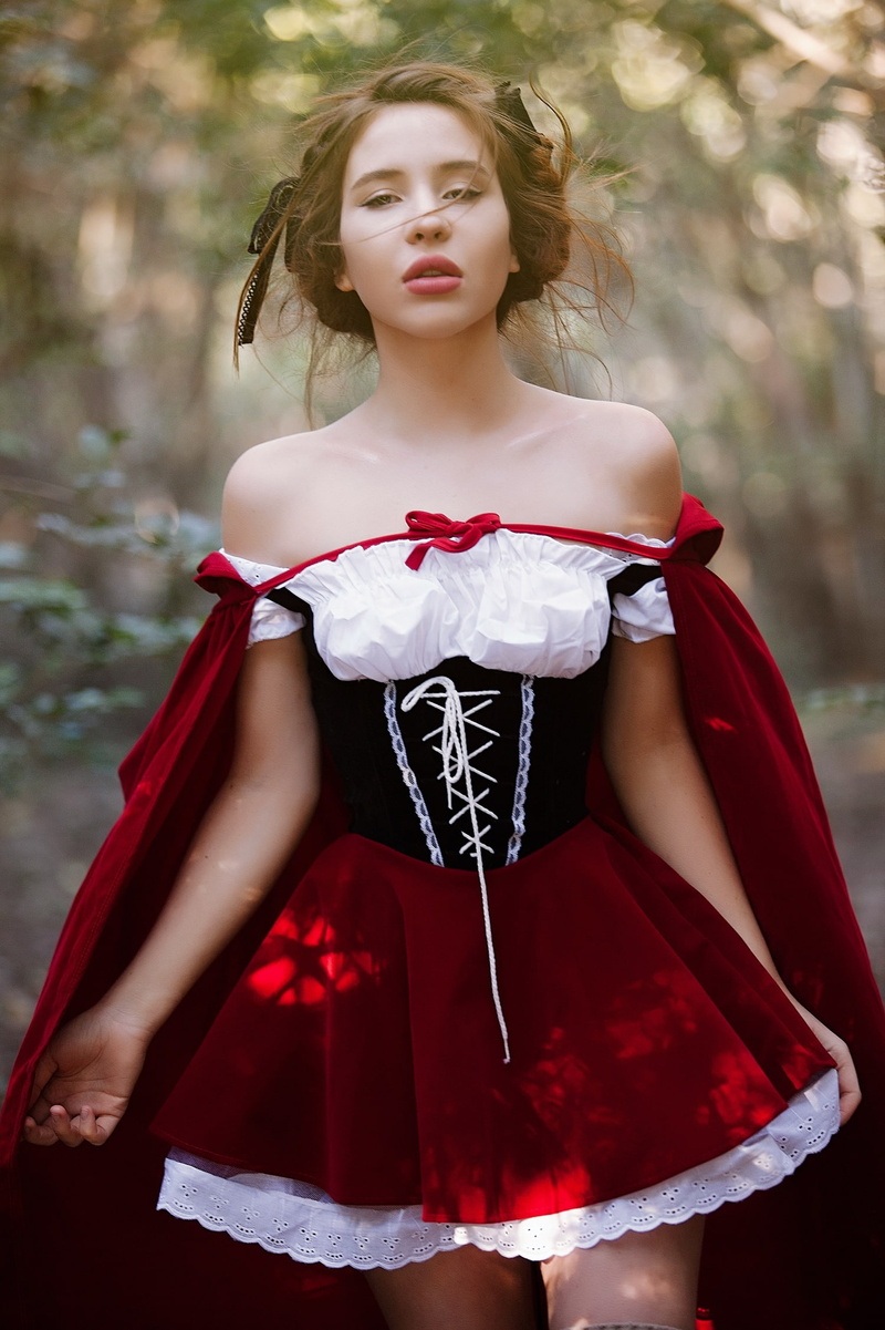 1080P, model, women, cloaks, Eden Rose, cosplay, bare shoulders, corset, Little Red Riding Hood, women outdoors