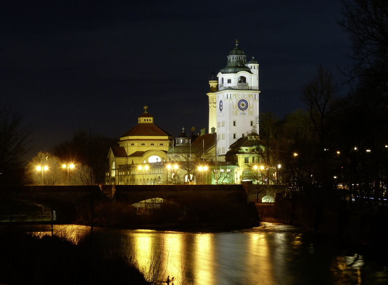 city, tower, sky, no people, water, art nouveau, reflection, 1901, night, indoor swimming pool, carl hocheder, Isar, building, nature, religion, built structure