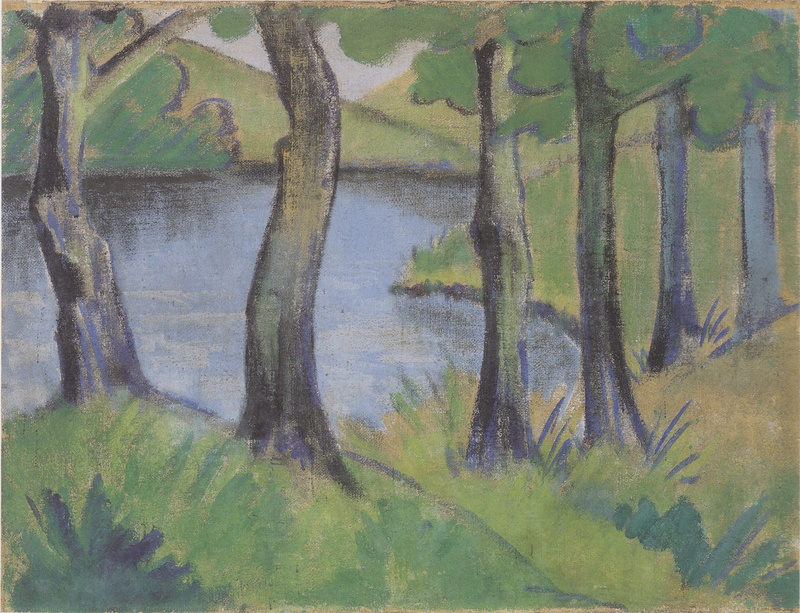 4K, ca1919, Expressionism, the bushes, lake, trees, Waldsee, Otto Mueller, grass
