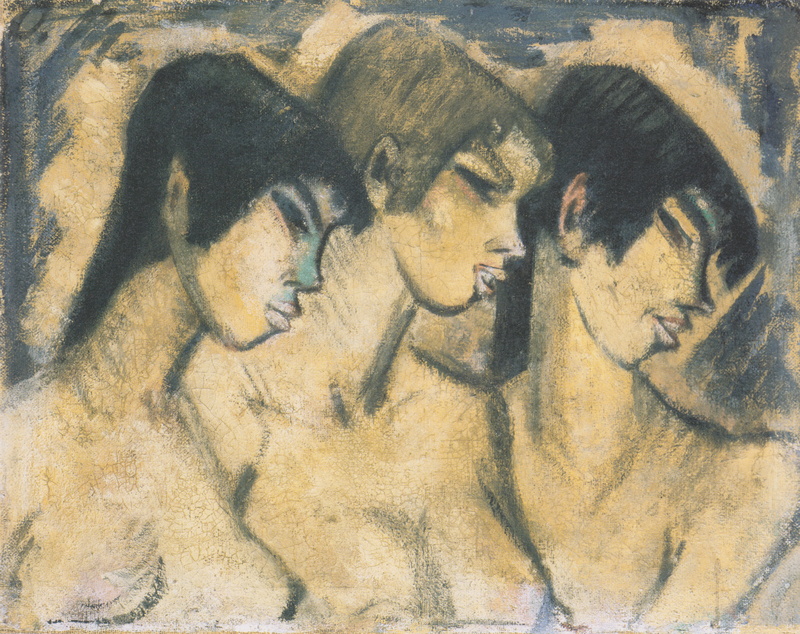 Three girls in profile, Otto Mueller, ca1918, Expressionism, 4K, three girls
