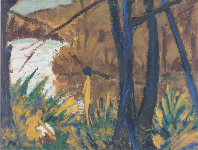 trees, 4K, river, Waldsee with two files, Expressionism, ca1912, Otto Mueller, naked girls, the bushes