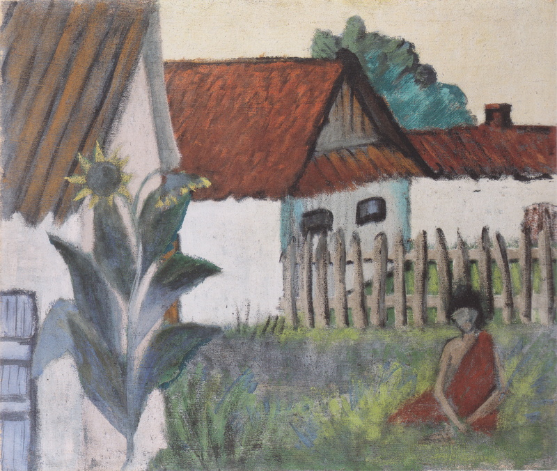 home, Gypsy in the garden, Otto Mueller, the fence, Expressionism, ca1929, 4K, sunflower, girl