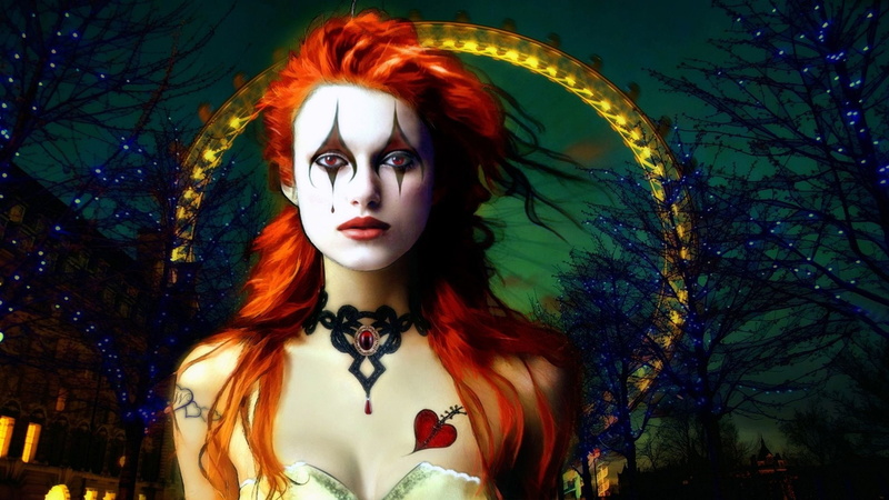 Clown, Actresses, Entropy, Keira Knightley, Orange Hair, 1080P, Night, Tears, Heart, Tattoo, Ferris Wheel