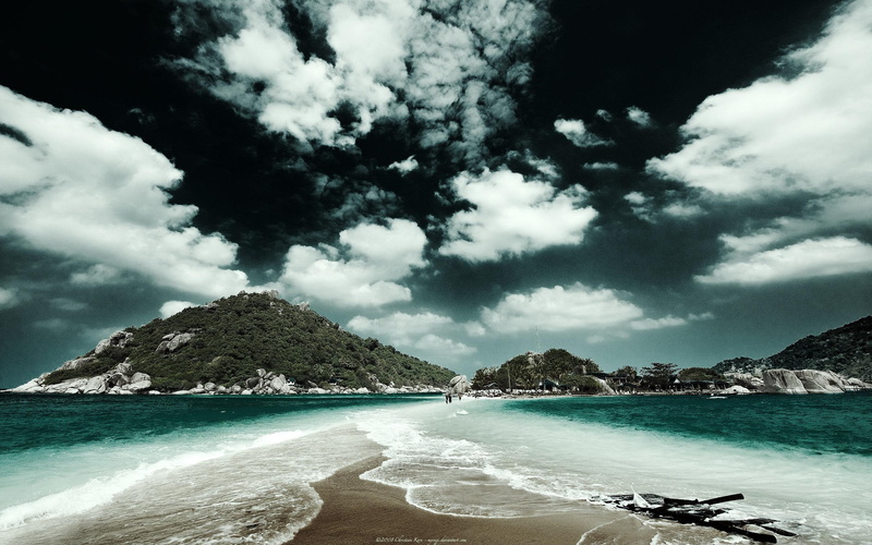 landscape, nature, beach, near, mountain, sanbar, nature and, ocean, scene, blue, clouds, summer, eden, 2K