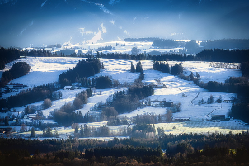 distant view, cityscape, winter, snow, high angle view, built structure, outdoors, alpine, scenics - nature, tree, mountains, building exterior, plant