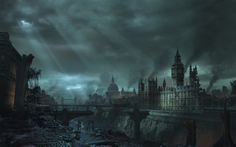 landscape, 1080P, water, Cityscape, storm, Sun Rays, clouds, fire, Abandoned City, fantasy Art, abandoned, photography, artwork, clock tower