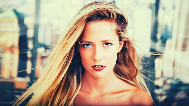 Meline Carmona, portrait, bare shoulders, people, model, 4K, open mouth, looking at viewer, face, blue eyes, red lipstick, women