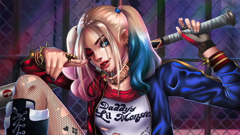DC Comics, Harley Quinn, baseball bat, blue eyes, Suicide Squad, 1080P, looking at viewer