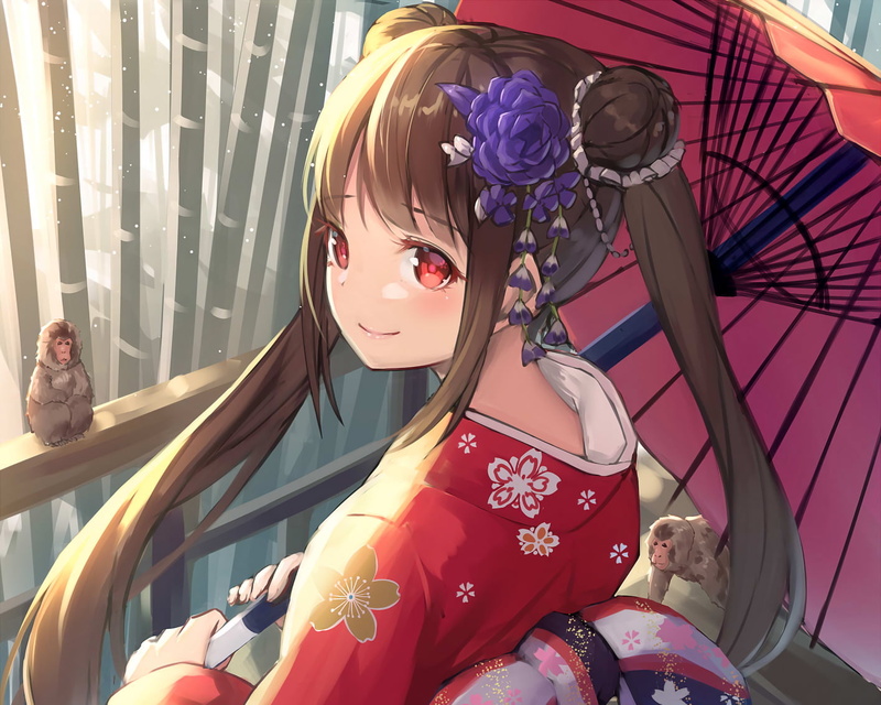 lifestyles, girls, Kimono, Umbrella, haired, brown, young adult, Original (Anime), leisure activity, Girl, Original, sitting, females, real people, one person