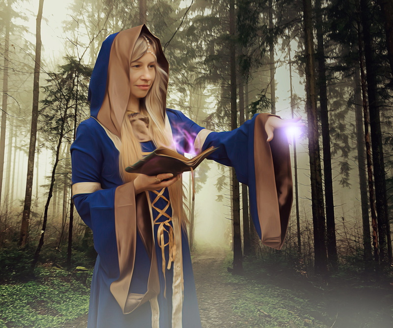 magic grimoire, druid, beautiful woman, woodland, plant, fantasy, nature, 2K, one person, young adult, young women, front view, forest, sorceress, standing