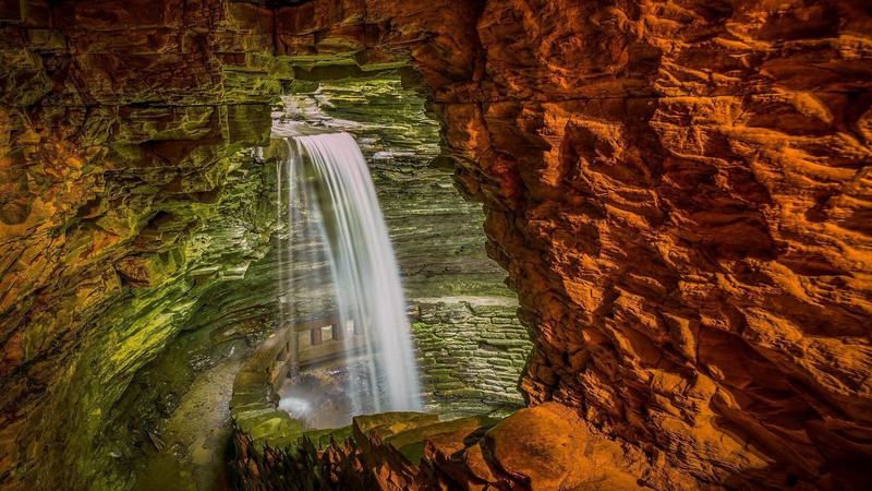 long exposure, cave, waterfall, path, 1080P, nature, rock, stones